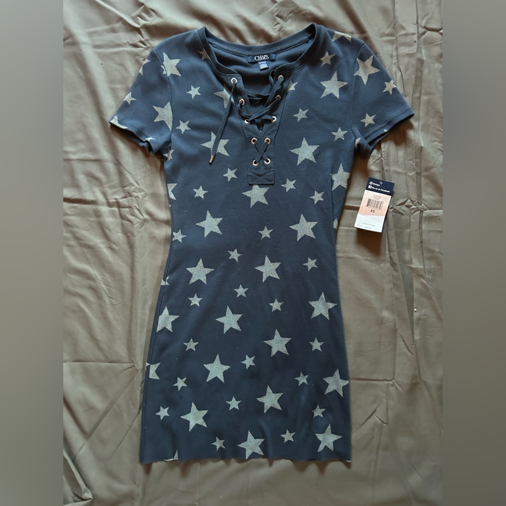 Cozy blue dress with stars and lace up front